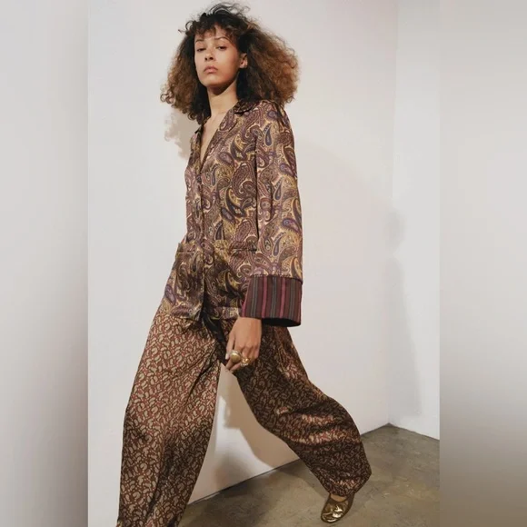 NWT Zara Woman PAISLEY PAJAMA SHIRT ZW COLLECTION Top Blouse Size M Medium - Picture 4 of 11